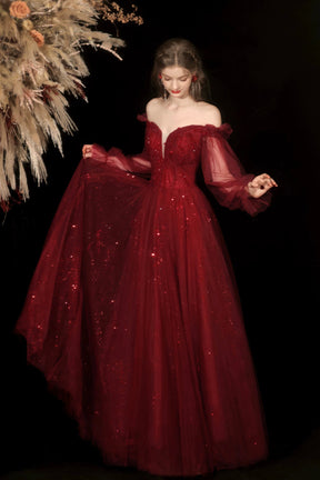 Burgundy Glitter Tulle Prom Dress Off the Shoulder Puff Sleeve Floor Length Ball Gown