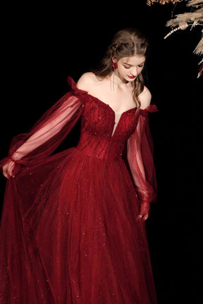 Burgundy Glitter Tulle Prom Dress Off the Shoulder Puff Sleeve Floor Length Ball Gown