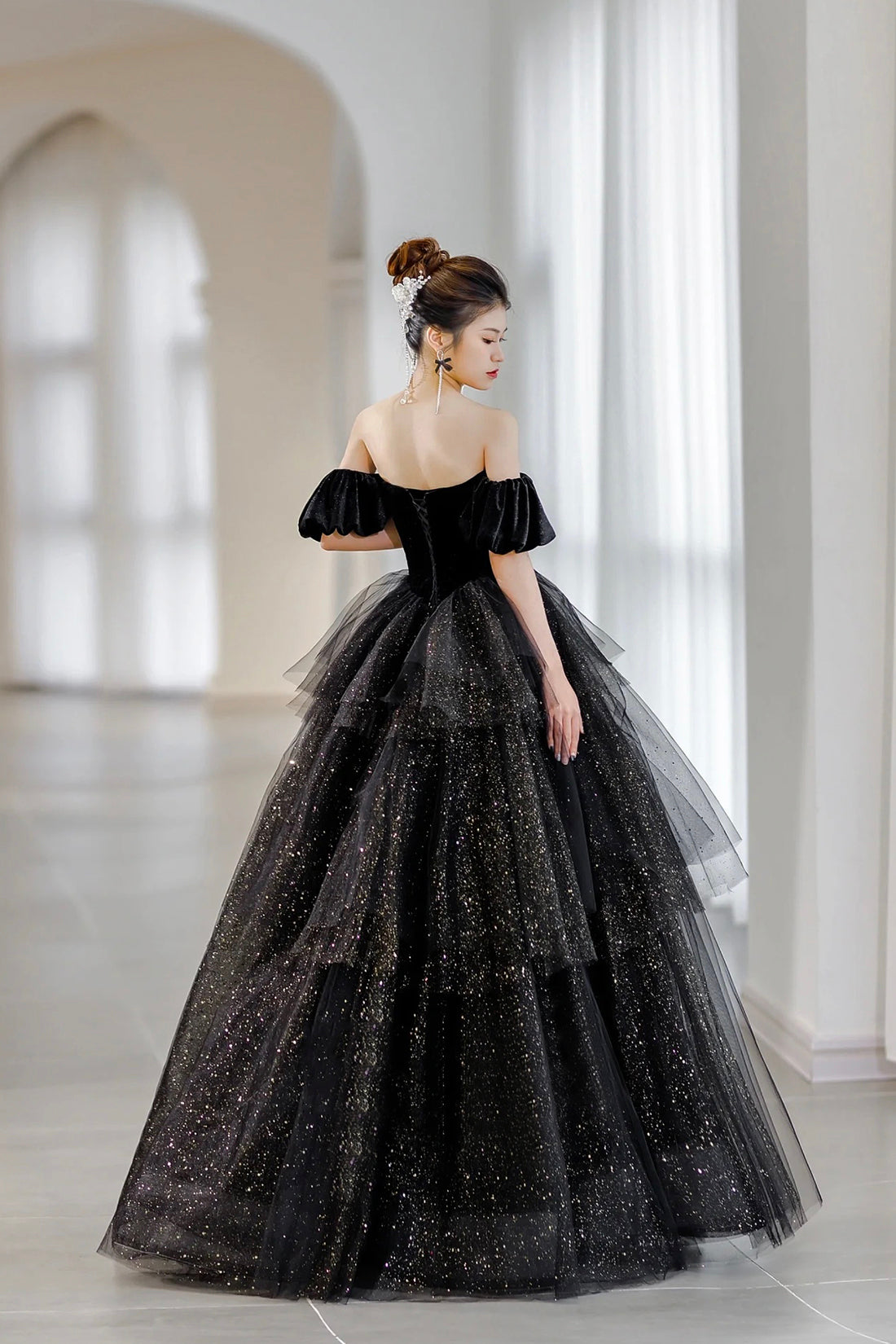 Black Velvet and Tulle Long Formal Dress, Black A-Line Sweetheart Neck Evening Party Dress