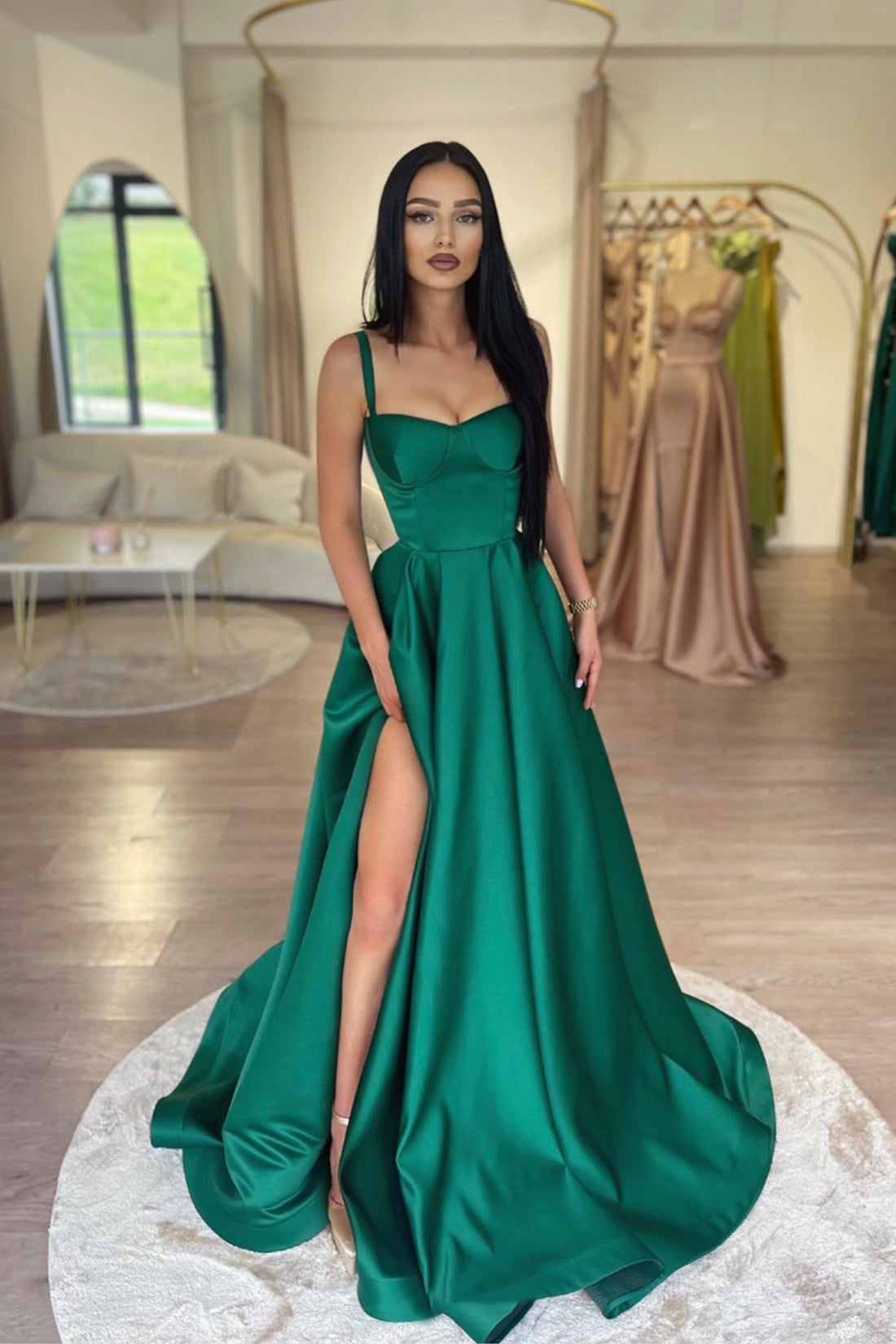Dark Green Satin Long Prom Dress, Beautiful A-Line Evening Dress Party