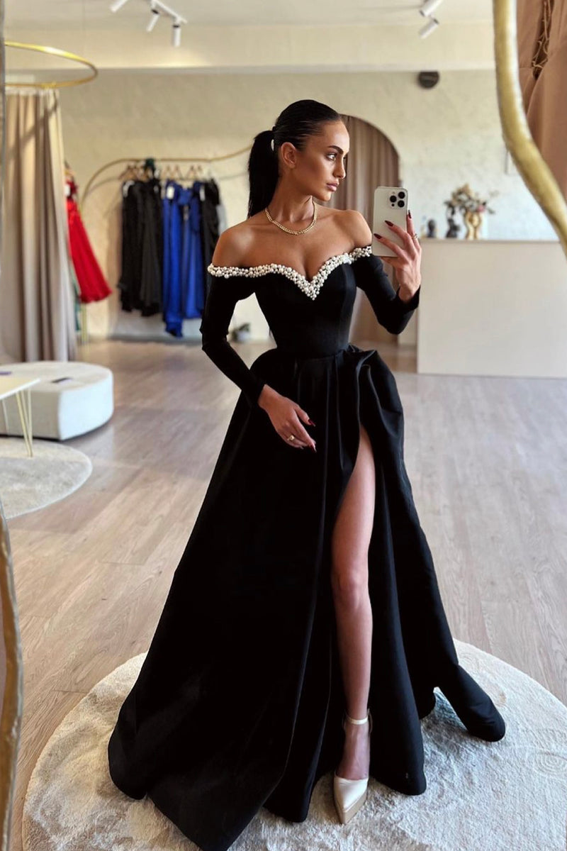 Black Off the Shoulder Pearls Long Sleeve Prom Dress, Elegant Evening Black Off the Shoulder Pearls Long Sleeve Prom Dress, Elegant Evening
