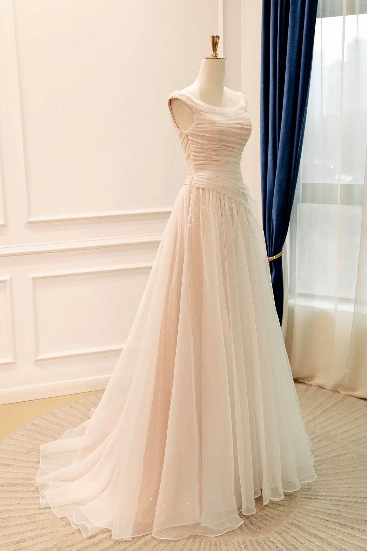 Draped Off Shoulder Tulle Prom Dress Champagne Floor-Length Party Gown with Train