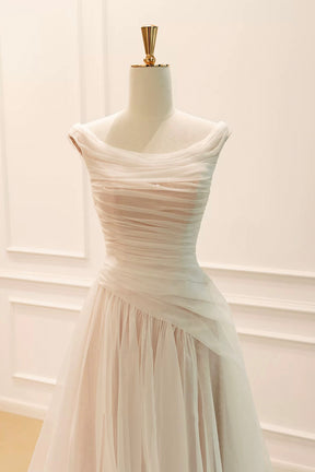 Draped Off Shoulder Tulle Prom Dress Champagne Floor-Length Party Gown with Train