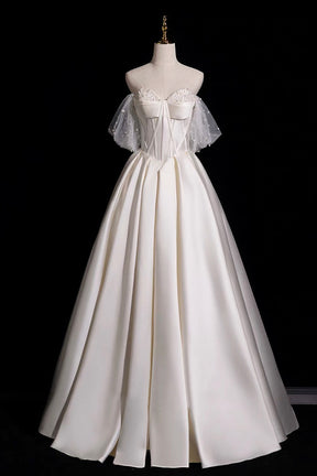 Off Shoulder Ivory Satin Wedding Dress Beaded Corset Ball Gown with Tulle Puff Sleeves