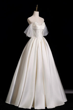 Off Shoulder Ivory Satin Wedding Dress Beaded Corset Ball Gown with Tulle Puff Sleeves