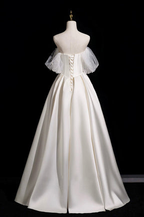 Off Shoulder Ivory Satin Wedding Dress Beaded Corset Ball Gown with Tulle Puff Sleeves