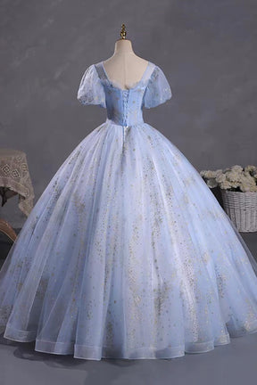 Light Blue Puff Sleeve Ball Gown Prom Dress with Sequin Starry Tulle Skirt