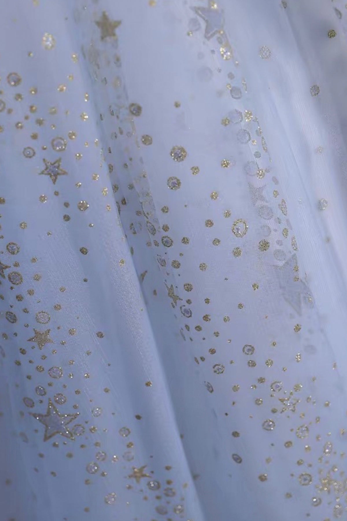 Light Blue Puff Sleeve Ball Gown Prom Dress with Sequin Starry Tulle Skirt