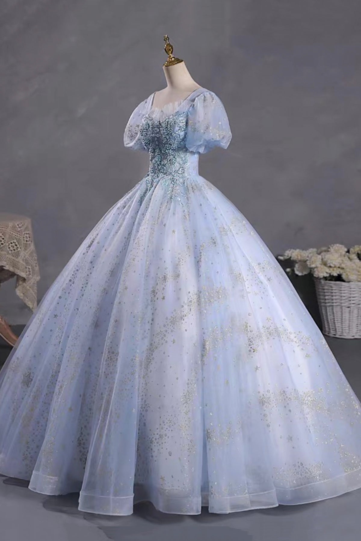 Light Blue Puff Sleeve Ball Gown Prom Dress with Sequin Starry Tulle Skirt