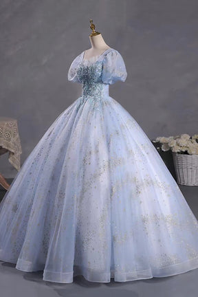 Light Blue Puff Sleeve Ball Gown Prom Dress with Sequin Starry Tulle Skirt