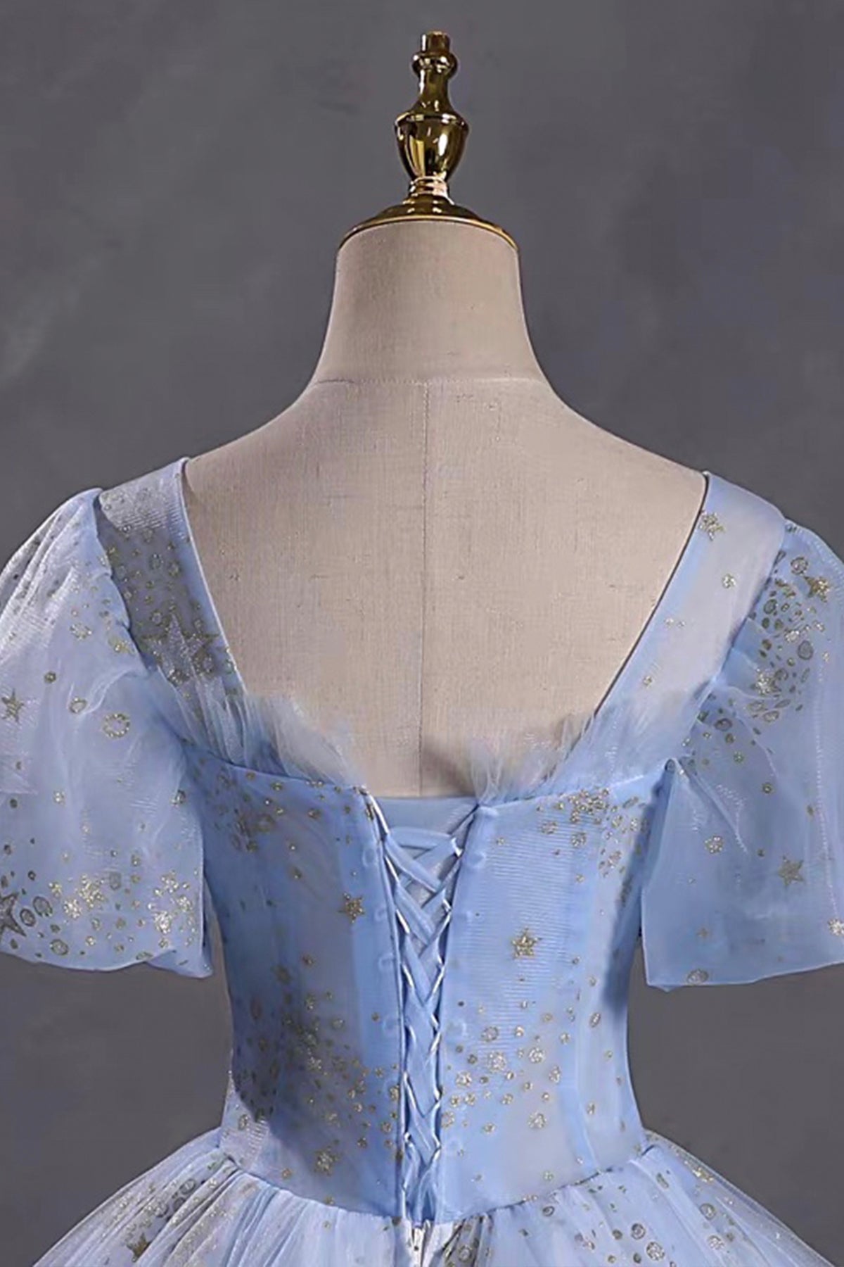 Light Blue Puff Sleeve Ball Gown Prom Dress with Sequin Starry Tulle Skirt