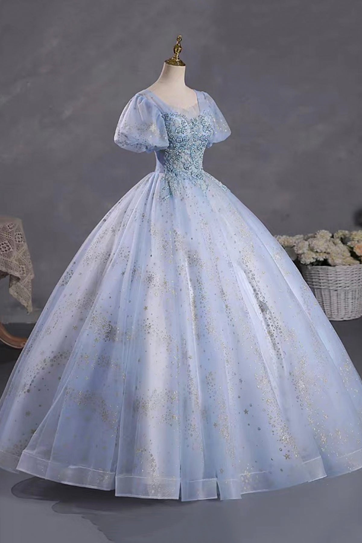 Light Blue Puff Sleeve Ball Gown Prom Dress with Sequin Starry Tulle Skirt