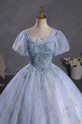 Light Blue Puff Sleeve Ball Gown Prom Dress with Sequin Starry Tulle Skirt