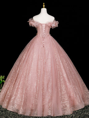 Pink Tulle Flowers Long Prom Dress, Beautiful A-Line Evening Party Dress