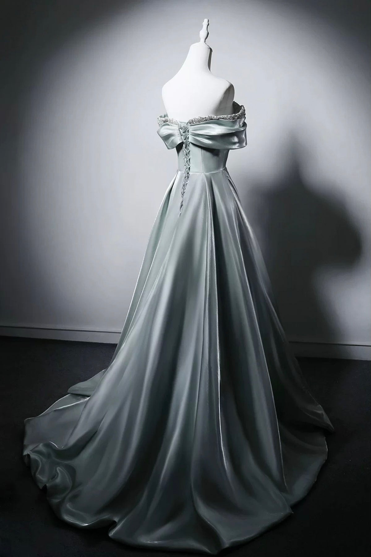 Sage Green Satin Ball Gown with Beaded Off-Shoulder Bodice
