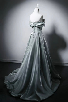 Sage Green Satin Ball Gown with Beaded Off-Shoulder Bodice