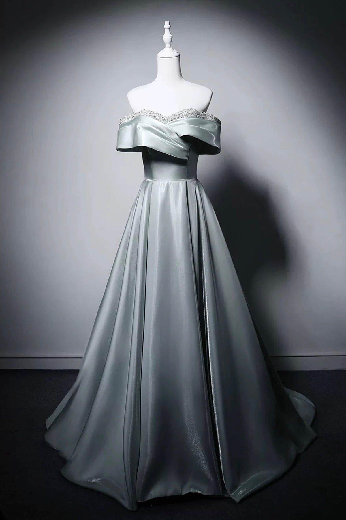 Sage Green Satin Ball Gown with Beaded Off-Shoulder Bodice