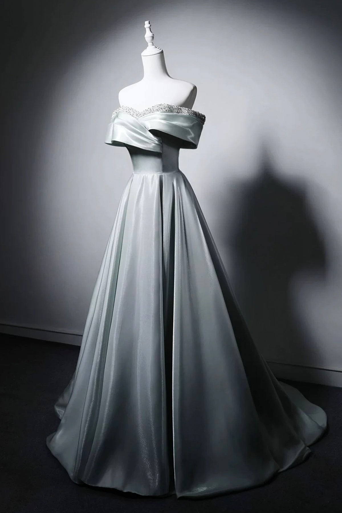 Sage Green Satin Ball Gown with Beaded Off-Shoulder Bodice