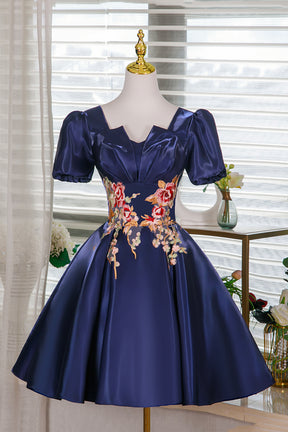 Navy Satin Lace Short Prom Dress, A-Line Short Sleeve Party Dress