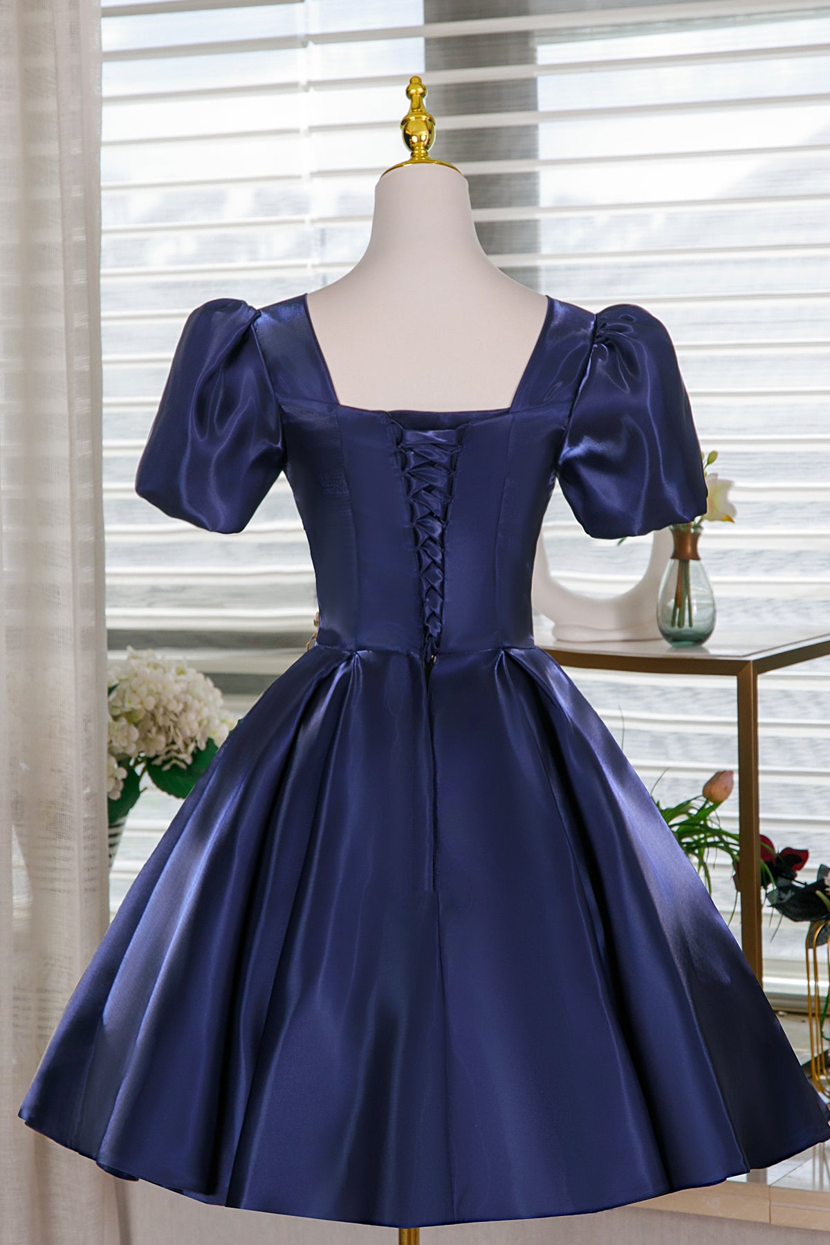Navy Satin Lace Short Prom Dress, A-Line Short Sleeve Party Dress Navy Satin Lace Short Prom Dress, A-Line Short Sleeve Party Dress