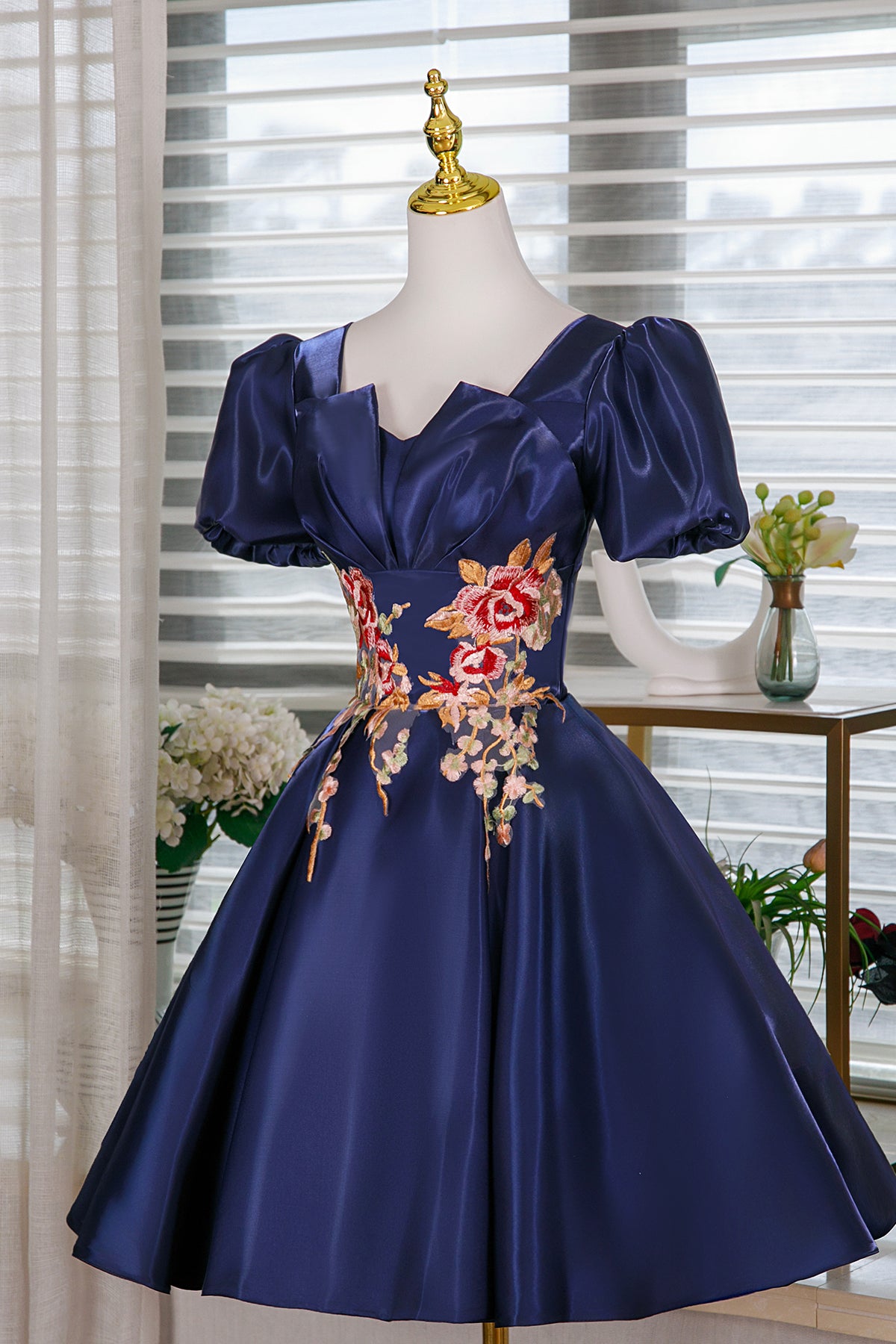 Navy Satin Lace Short Prom Dress, A-Line Short Sleeve Party Dress