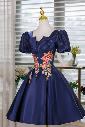 Navy Satin Lace Short Prom Dress, A-Line Short Sleeve Party Dress