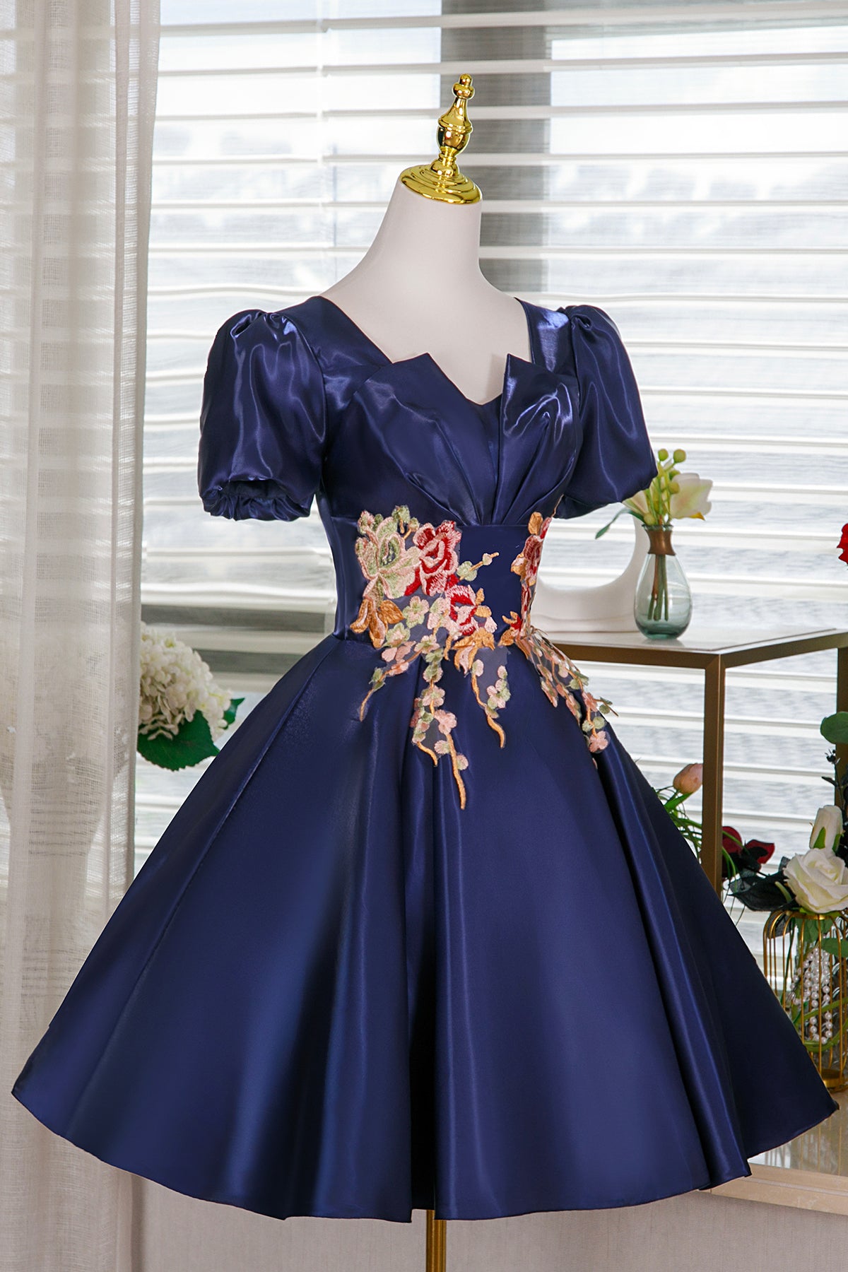 Navy Satin Lace Short Prom Dress, A-Line Short Sleeve Party Dress