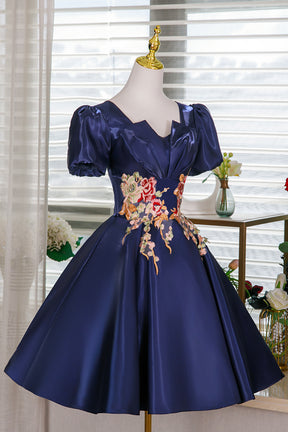 Navy Satin Lace Short Prom Dress, A-Line Short Sleeve Party Dress