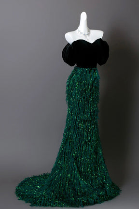 Sparkly Emerald Green Fringe Prom Gown Off Shoulder Velvet Sweetheart Neckline Mermaid Dress