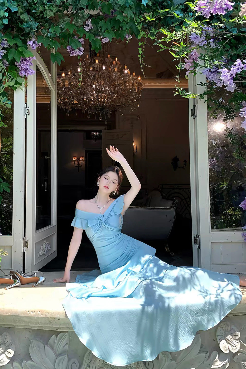 Light Blue Off-Shoulder Ruffled Mermaid Gown with Layered Skirt