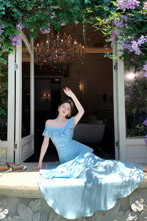 Light Blue Off-Shoulder Ruffled Mermaid Gown with Layered Skirt