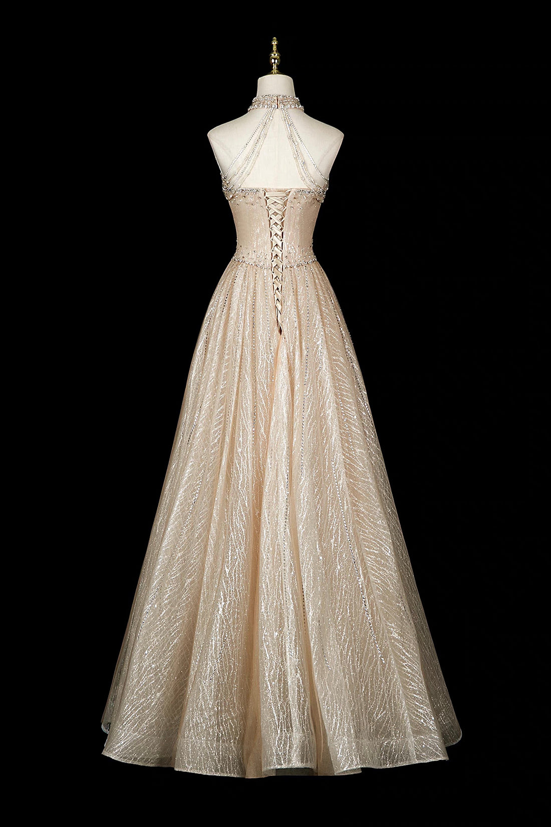 Champagne Halter Sequin Gown with Beaded Bodice & Layered Tulle Skirt