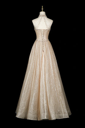 Champagne Halter Sequin Gown with Beaded Bodice & Layered Tulle Skirt