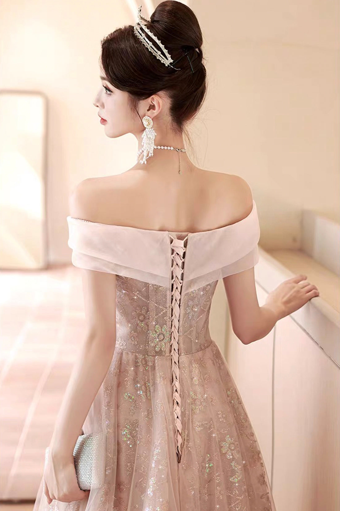 Pink Off-the-Shoulder Sequin Ball Gown with Tulle Skirt