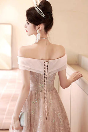 Pink Off-the-Shoulder Sequin Ball Gown with Tulle Skirt