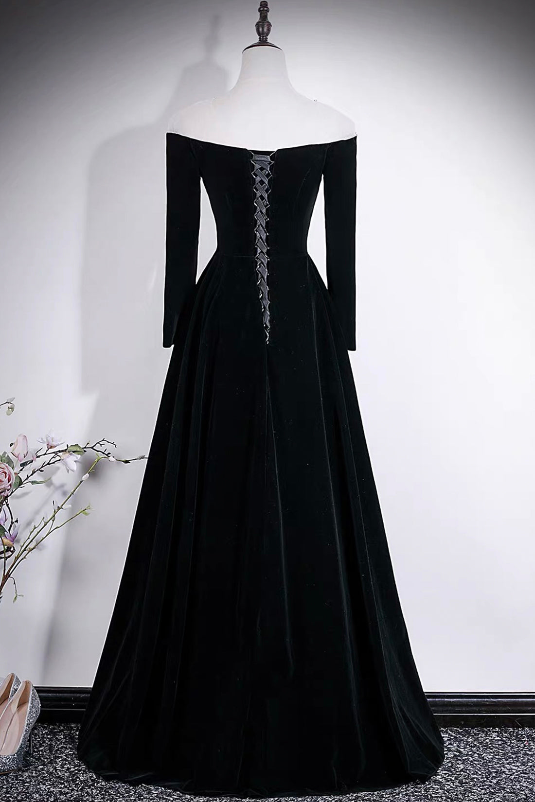 Black Velvet Off-Shoulder Long Sleeve Evening Gown with Crystal Trim