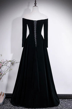 Black Velvet Off-Shoulder Long Sleeve Evening Gown with Crystal Trim