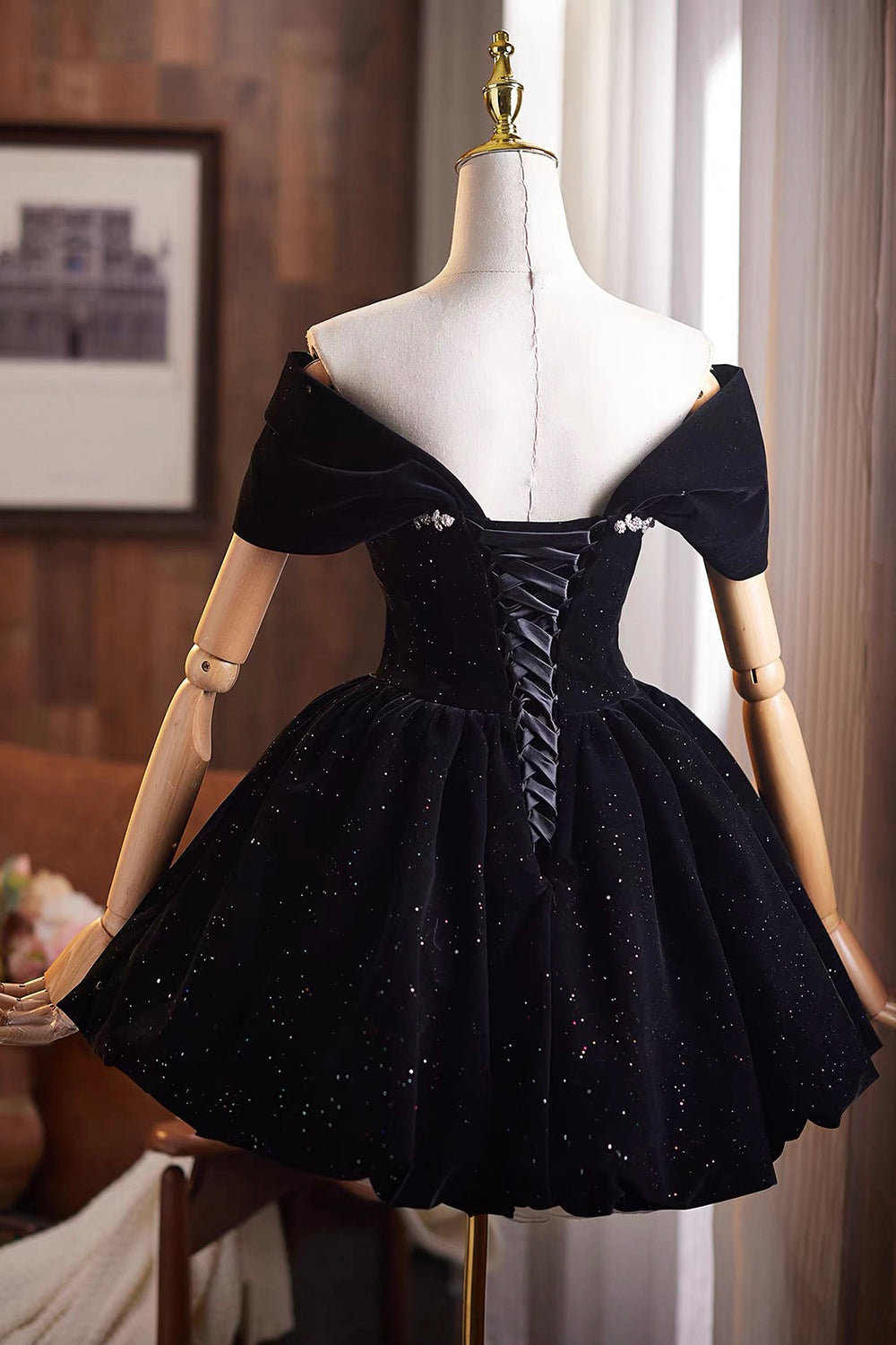 Black Velvet Off-Shoulder Short Party Dress with Crystal Neckline