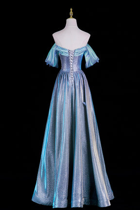 Light Blue Iridescent Off-Shoulder Ball Gown with  Butterfly Accents