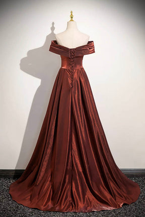 Metallic Burgundy Off-Shoulder Evening Gown with Ruched Skirt