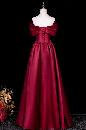 Burgundy Satin Off-Shoulder Ball Gown with Crystal Waistline