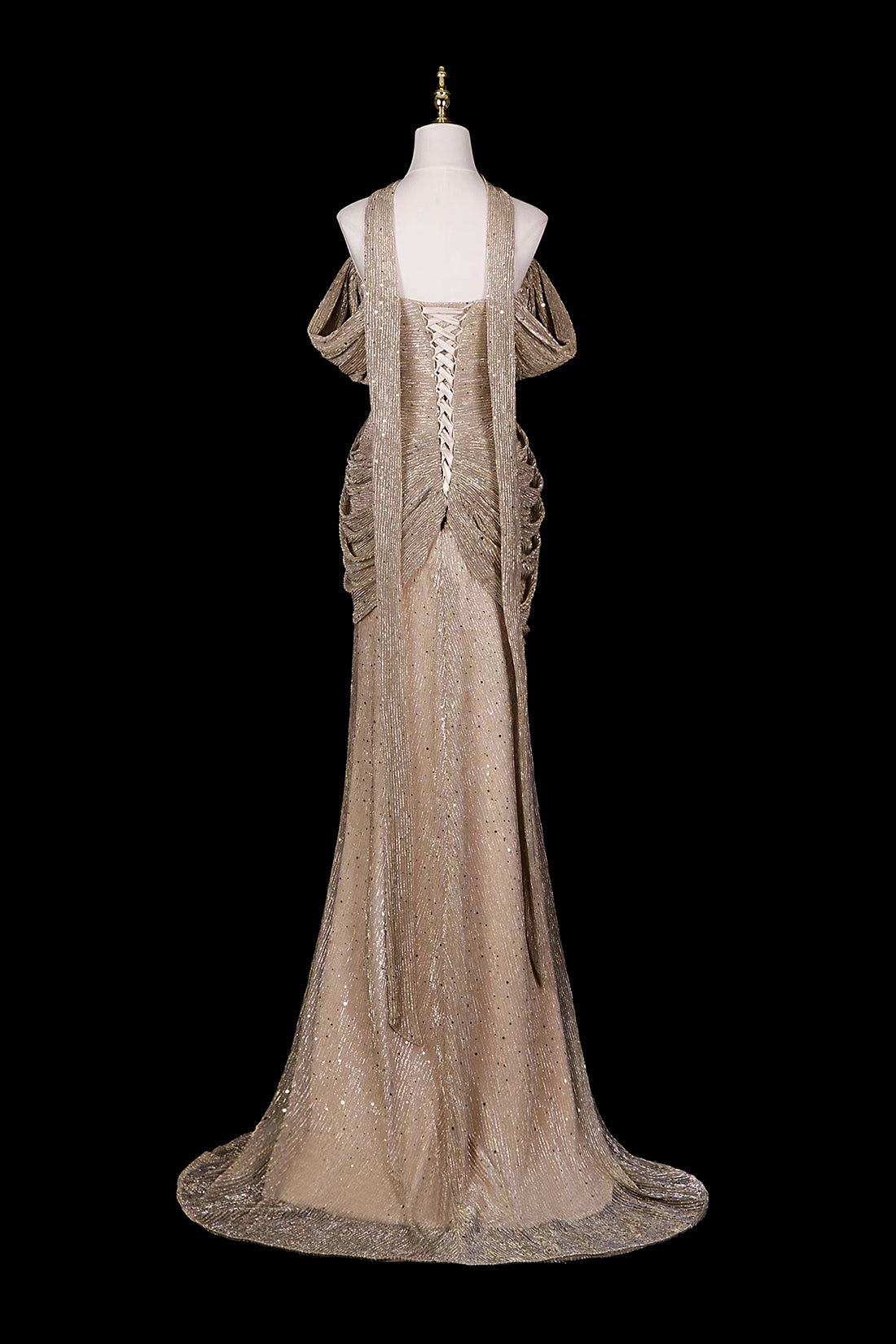 Champagne Gold Off-Shoulder Sequin Gown with Ruffled Shoulders & Layered Tulle Skirt