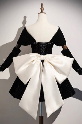Black Sparkle Velvet Off-Shoulder Mini Dress – Crystal Neckline with Oversized White Satin Bow Back