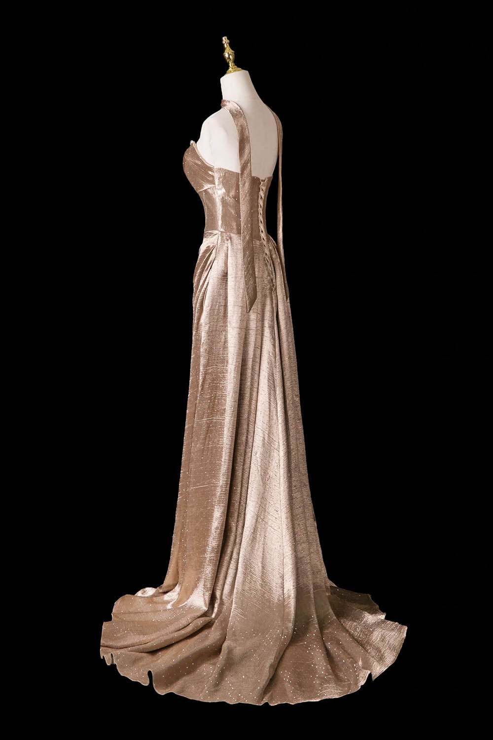 Champagne Gold Metallic Strapless Gown with Neck Ribbon – Shimmering Evening Dress