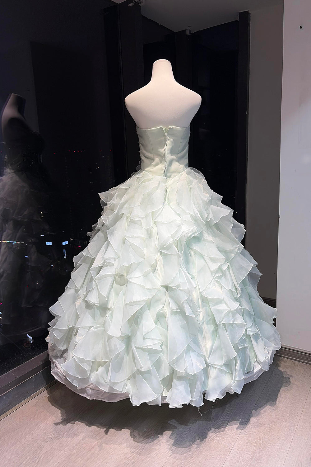 Mint Green Strapless Ball Gown with Tiered Ruffles