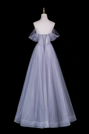 Grey Blue Sequin Off-Shoulder Ball Gown with Dramatic Cape