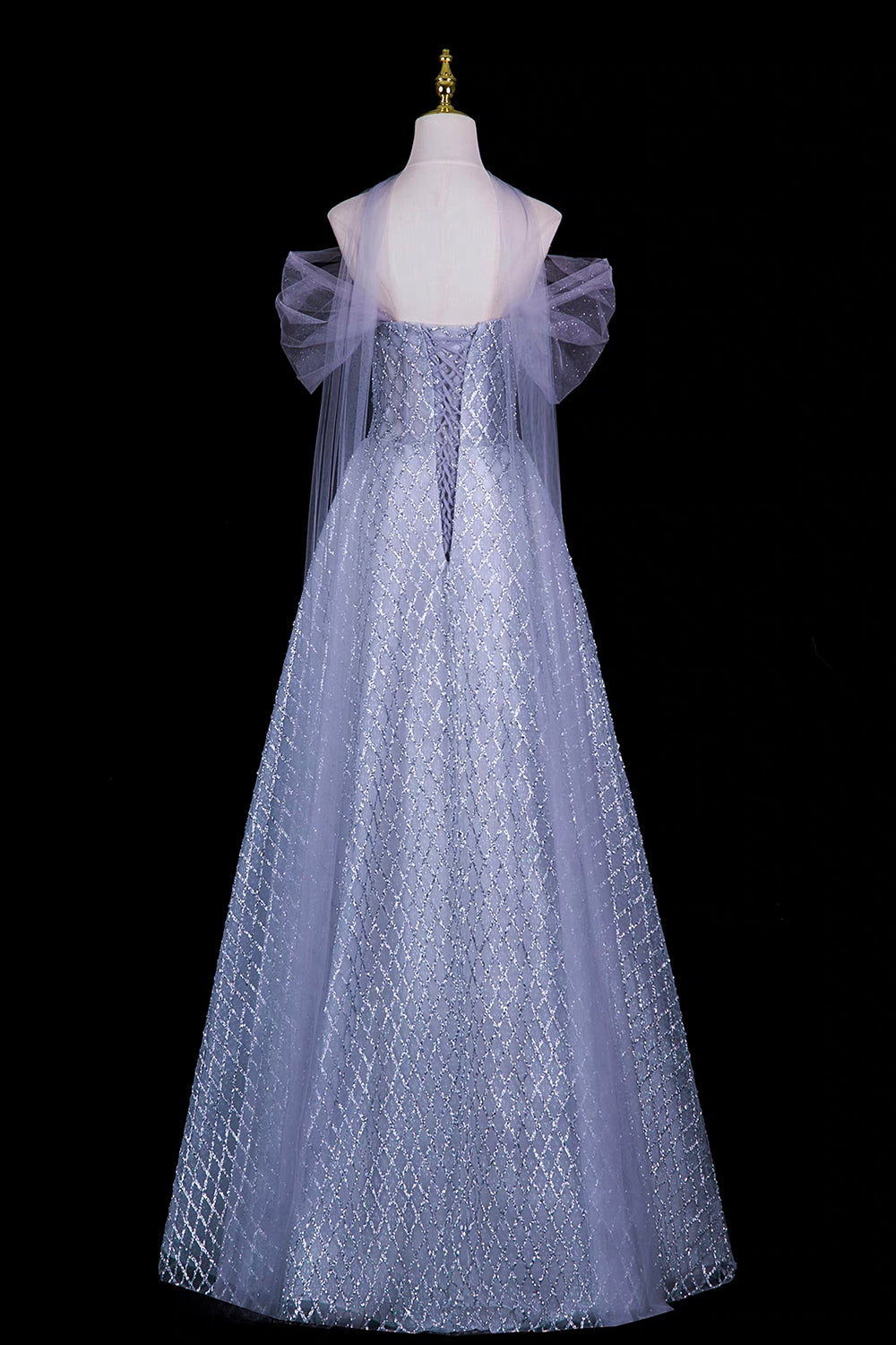 Grey Blue Sequin Off-Shoulder Ball Gown with Dramatic Cape