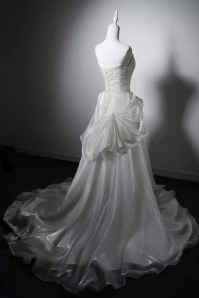 Ivory Strapless Ruched Satin A-Line Wedding Gown with Asymmetrical Draped Skirt