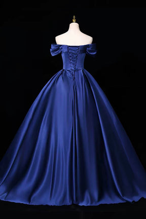 Navy Blue Satin Off-Shoulder Ball Gown – Elegant Cross-Drape Evening Dress with Corset Back, Custom Fit