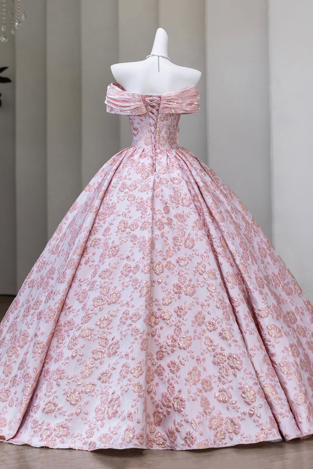 Pink Floral Jacquard Ball Gown with Ruched Off-Shoulder Neckline